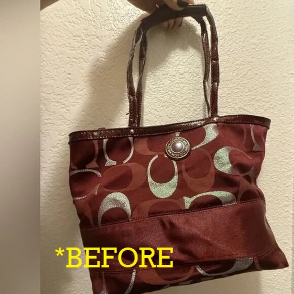 Coach Signature "C" Metallic Stripe Tote Silver Maroon H1276-F20429 Re-worked* - Picture 5 of 17